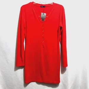 Doublju Womens Medium Long Sleeve Dress Snap Front V-Neck Form Fitting Red NEW - Picture 1 of 8