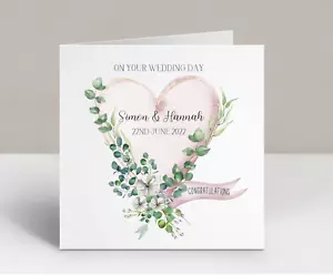 Personalised Wedding Card Watercolour Botanical Wreath Heart Elegant Wedding Day - Picture 1 of 2