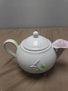 Vintage Teleflora Purple Morning Glory Flower Spout White 5 Cup Teapot - Picture 1 of 10