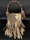 Feather Leather Adorned Wicker Basket Indigenous Style Turquoise Handmade
