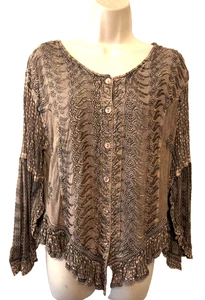Fabulous Women's Hobo Hippie Blouse Free Size Brown Floral Ruffled Button-up Top - Picture 1 of 9