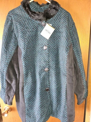 Abrigo Chaqueta de Vellón Bob Mackie Usable Art Talla 3x Cuello de Piel Sintética Chevron Teal Foto 1 de 4