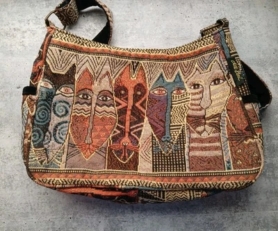 Laurel Burch Cat Crossbody Shoulder Bag Tapestry Earth Tones Wearable Art 14x10 - Image 1 of 4