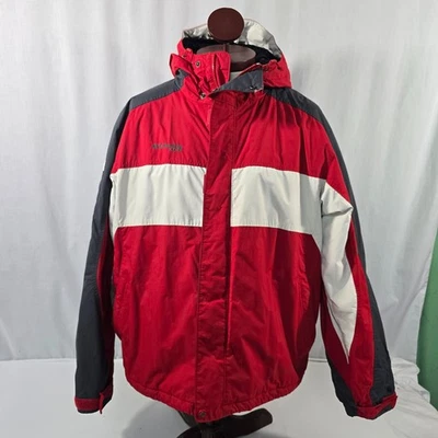 Columbia XCO 男式滑雪夹克红色灰色白色连帽冬季外套,尺寸 L — 第 1/4 张图片