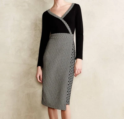 Vestido Anthopologie Maeve Dacca tamanho 8 preto e branco envoltório falso midi - Imagem 1 de 4