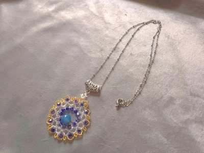 Collana Lunga Ciondolo Charm Medaglione  Mandala Pietra Naturale Agata Blu  - Immagine 1 di 4
