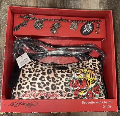 Ed Hardy ~ Baguette With Charms Cheetah Print Shoulder Bag Purse Crossbody - Image 1 of 4