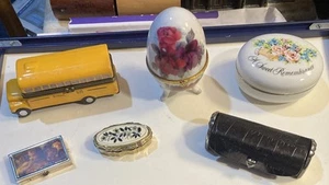 6 TRINKET/PILL BOXES Yellow Ceramic School Bus,1982 Avon,Porcelian Egg,3 Others - Picture 1 of 12