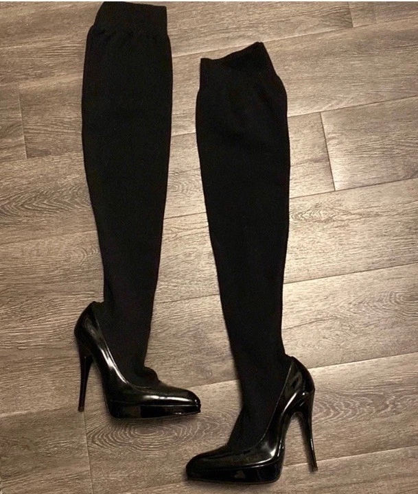 DOLCE & GABBANA StretcBlack Stretch Sock Boots With Patent Leather Stiletto 37.5 - Image 1 of 4