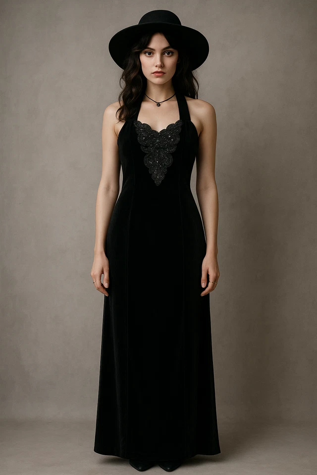 Maxi Vestido Salto De Colección Talla 13/14 Negro Terciopelo Halter Cuentas Gótico Oscuro Romántico Años 90 Foto 1 de 4