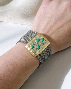 Matte Hammered Gold Jewel Encrusted Byzantine Style Wide Bracelet Blue Gems 7.5" - Picture 1 of 15