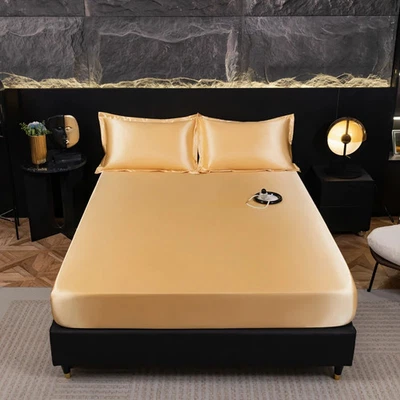 1pc Silky Satin Mattress Protector Cover Bed Cover Solid Color Fitted Sheet - Image 1 of 4
