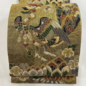Woman Japanese Kimono Fukuro-obi Silk Bird Flower Gold Thread Foil - Picture 1 of 5