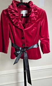 Victor Costa -Sz 4 Lux Velvet Red Ruffled Collar Jacket Blazer Vintage Satin Tie - Picture 1 of 18