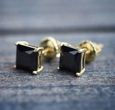 Pequeños aretes de ónix negro hip hop de plata de ley 925 enchapados en oro de 14k para hombre Foto 1 de 4