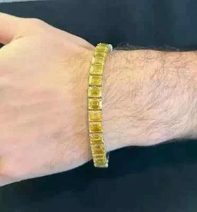 20Ct Emerald Cut Lab Created Citrine Men's Tennis Bracelet 14k Wh Gold Plated 7" - Picture 1 of 3
