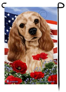 Patriotic Flowers Garden Flag - Buff Cocker Spaniel - Picture 1 of 1