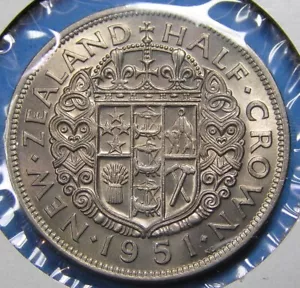 New Zealand 1/2 Crown Half Crown Coin KGVI, 1951 aUNC-UNC with luster, KM-19 - Picture 1 of 3