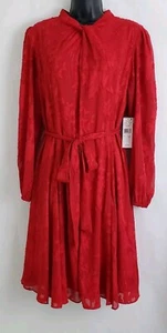 Vestido Maia Rojo Corbata Cinturón Mangas Largas Hasta la Rodilla Talla 12 Nuevo con Etiquetas - Imagen 1 de 14
