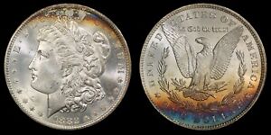 Rainbow Toned 1882-CC $1 Morgan Silver Dollar MS64 • PCGS Gold Shield + TrueView