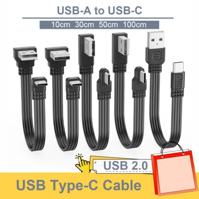 USB 2.0 Cable Lead USB Male to Type-C Male 90 Degree Angled 10cm 30cm 50cm 100cm - Image 1 of 4