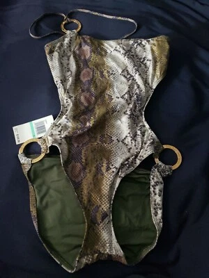 Very rare Vtg Micheal Kors Green Snakeskin Swimsuit NWT sexy one pc Gold sz 8 - Photo 1/4