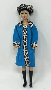 Vintage Clone Barbie Doll Clothes Turquoise Blue Leopard Print Coat Beret Hat - Picture 1 of 14