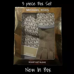 Juego de bufanda, sombrero y guantes de punto Michael Kors - camel y crema, nuevo en caja - Imagen 1 de 2