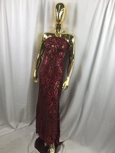 BURGUNDY GEOMETRIC DESIGN 4 WAY STRETCH MESH EMBROIDER WITH SEQUINS-BY YARD. - Picture 1 of 11