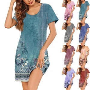 Womens Summer Dresses Short Sleeve Linen Casual T-Shirt Dresses Swing Beach - Picture 1 of 36