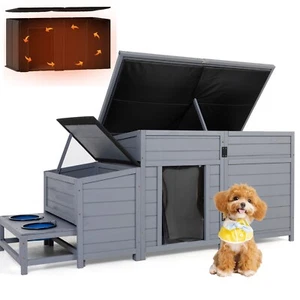Insulated Dog House Outdoor Dog Kennel w/Food Bowls,Waterproof Roof, Dish Rack - Picture 1 of 17