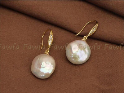 Natural 12-13mm White Freshwater Coin Pearl Dangle Rhinestone Hook Earrings - Image 1 of 4