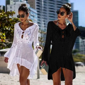 Beach Bikini Women Cover Up Sarong Dress Swimwear Crochet Hollow Sunscreen Shirt - Picture 1 of 17