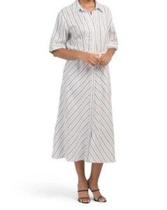 NEW CYNTHIA ROWLEY WHITE STRIPES LINEN FIT AND FLARE SHIRT DRESS SIZE L $120 - Picture 1 of 2