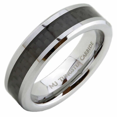 Alianza de boda con incrustación de fibra de carbono negra anillo de carburo de tungsteno 6 mm 8 mm negro azul Foto 1 de 4