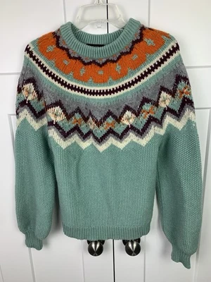 J Crew LARGE Zig Zag Faire Isle Sweater Nordic Ski Blue Orange Preppy Lodge - Image 1 of 4
