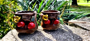 Pair of Mini 2.5x2.5" Autzen Ceramic Pot Planters {Brown w/1 Yellow Rose & 🍒 } - Picture 1 of 11