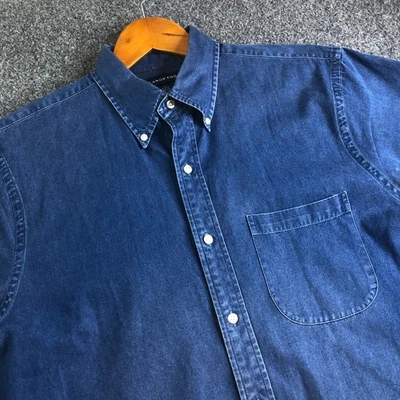 Lands End Shirt Mens Medium Blue Denim 90s Rodeo Button Short Sleeve Western - Image 1 of 4