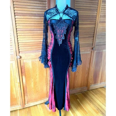 Vestido Gótico Victoriano Vampiro Sangriento Jardín de las Delicias Negro y Rojo Encaje Terciopelo L Foto 1 de 4