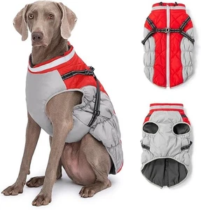 Hunde Wintermantel mit Geschirr mit Reißverschluss am Rücken - rot und grau, Größe L - Bild 1 von 6