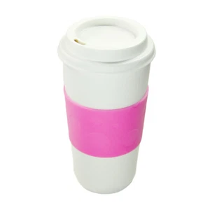 7" Reusable Plastic Thermal Beverage Travel Tumbler Cup Mug with Lid & Pink Grip - Picture 1 of 3