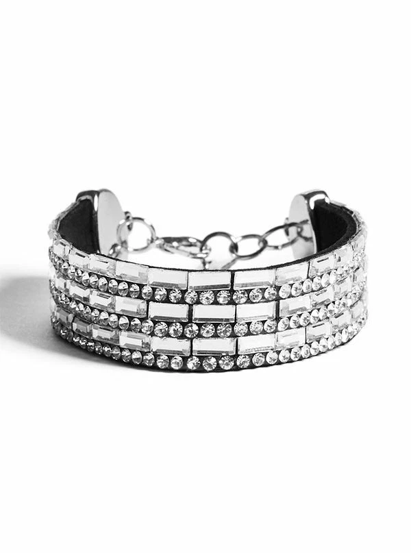 Nuovo GUESS Color Argento,Ecopelle Nera + Strass Trasparente + Baguette - Immagine 1 di 1