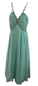 Vintage Evening Gown Flowing Aqua Blue Sheer With Pearls Mike Benet Formal Wear - Picture 1 of 24