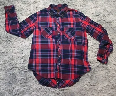 Top Western para mujer Bit & Bridle talla M rojo azul franela a cuadros tachuelas vaquera usado en excelente estado Foto 1 de 4