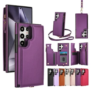 For Samsung S24 Ultra S23 S22 S21 Leather Card Wallet Crossbody Strap Stand Case - Picture 1 of 71