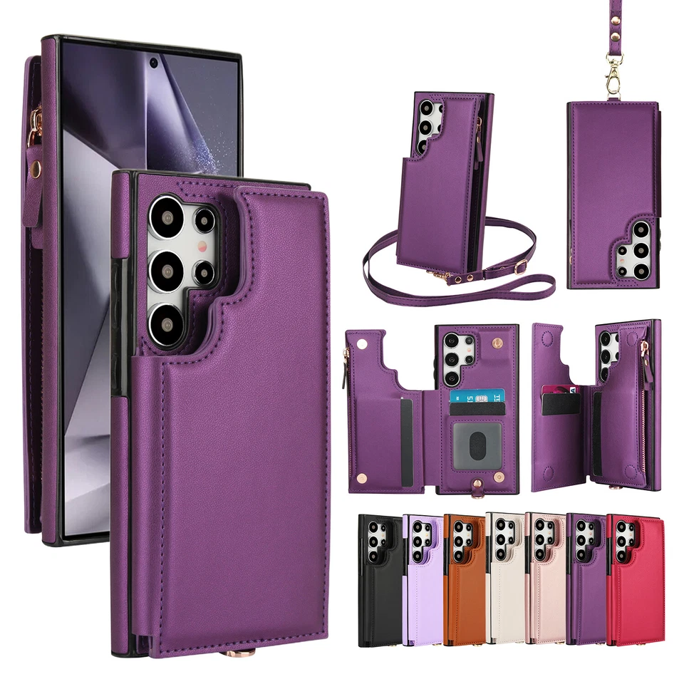 For Samsung S24 Ultra S23 S22 S21 Leather Card Wallet Crossbody Strap Stand Case - Image 1 of 4