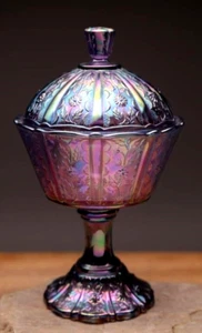 Fenton Amethyst Carnival Glass Pedestal Candy Dish Cracker Barrel 30th Ann. - Picture 1 of 9