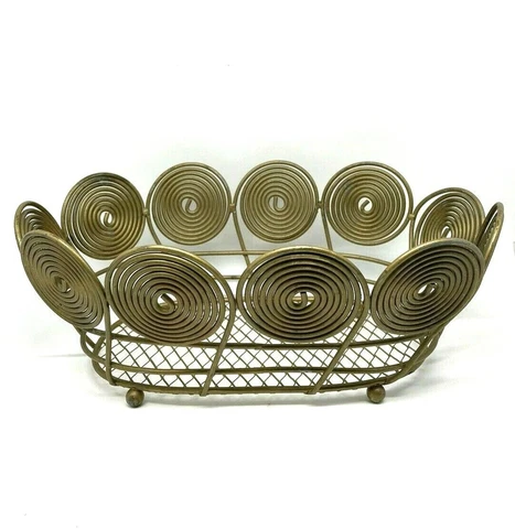 Gold Wire Basket Spirals Footed MCM Storage 10 inch Cover