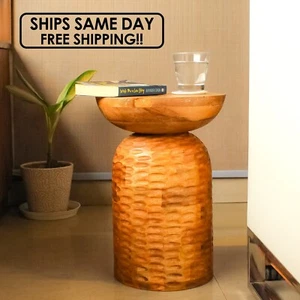Solid Mango Wood 13 -inch Wide Round Side Wooden Accent Table, Coffee table - Picture 1 of 6