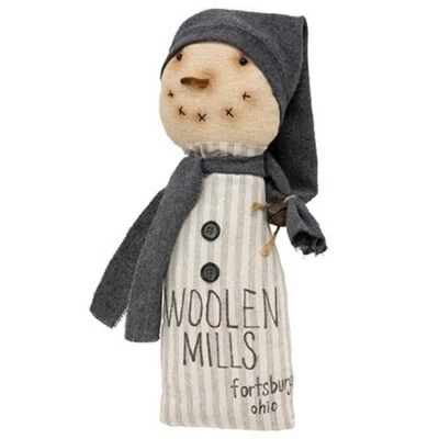 NEW PRIMITIVE SNOWMAN DOLL WOOLEN MILLS Christmas 12"Lx4"W Striped Winter Rustic - Image 1 of 2